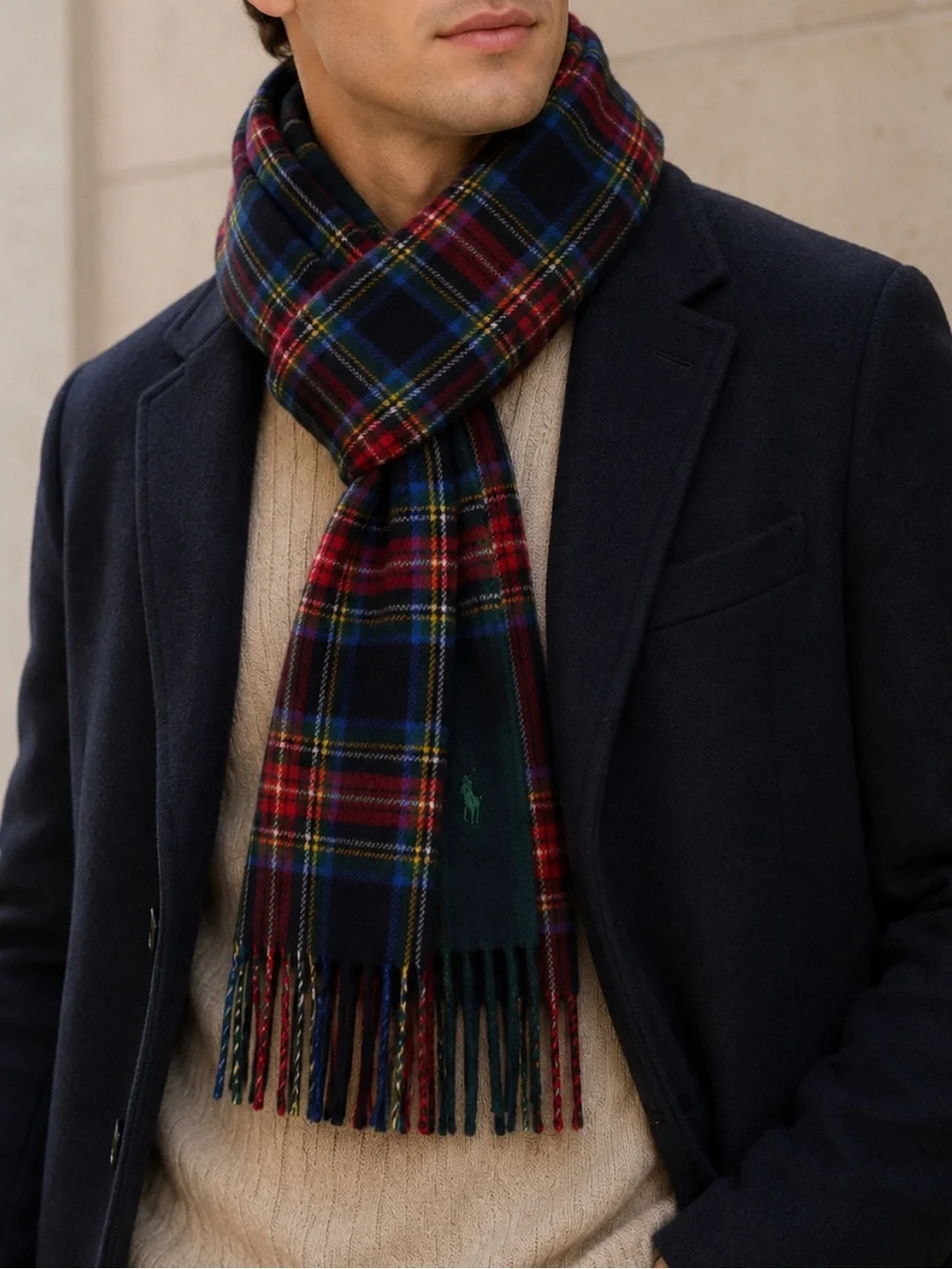 Polo Ralph Lauren Tartan Plaid Wool Reversible Scarf Made in Italy